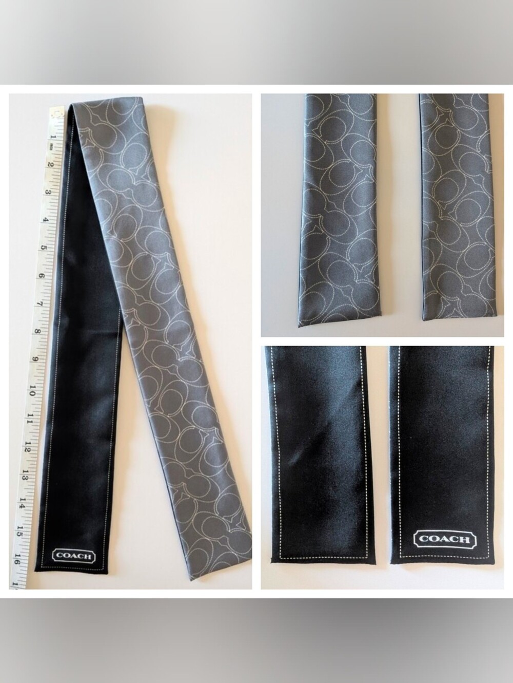 NWOT Coach 100% Silk Twilly Skinny Scarf | Black Grey White Signature C Monogram